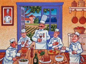 SOLD "Chef Maurice Cooking School - Teamwork," by Michael Stockdale 9 x 12 - acrylic $530 Unframed