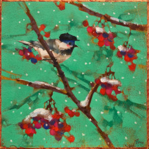 SOLD "Black Cap Chickadee," by Angie Rees 8 x 8 - acrylic $425 (unframed panel with 1 1/2" edges)