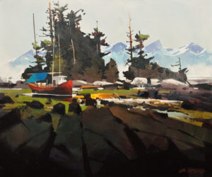 SOLD "Boat and Two Seastacks," by Michael O'Toole 20 x 24 - acrylic $1980 Unframed