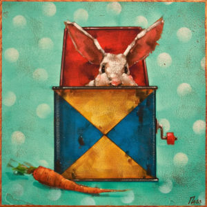SOLD "Jack in the Box: The Carrot," by Angie Rees 10 x 10 - acrylic $675 (unframed panel with 1 1/2" edges)