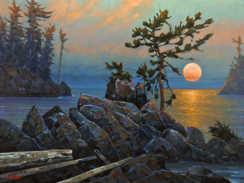 SOLD “Moonrise at Ucluelet” by Graeme Shaw 30 x 40 – oil $3700 (thick canvas wrap) $4350 in show frame