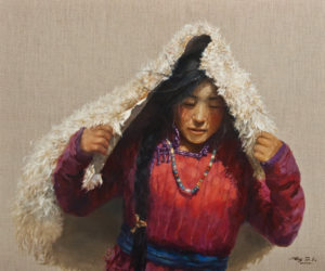 “Keeping Warm” by Donna Zhang 30 x 36 – oil $6350 (thick linen wrap)
