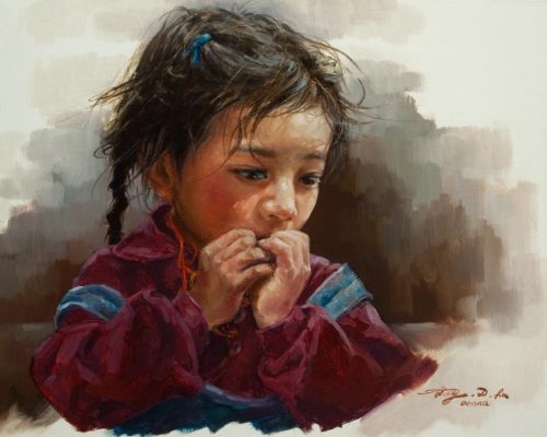 SOLD "Timid Girl" by Donna Zhang 16 x 20 - oil $2750 Unframed $2950 in show frame