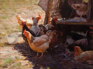 SOLD "Chicken Coop," by Clement Kwan 9 x 12 - oil $1650 unframed