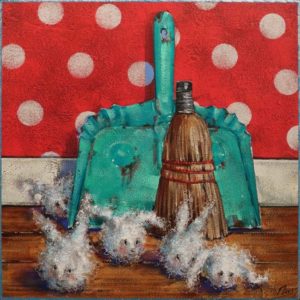SOLD "The Dust Bunnies: Clean Sweep" by Angie Rees 12 x 12 - acrylic $825 (unframed panel with 1 1/2" edges)