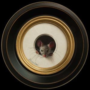 SOLD "Petite souris 305" (Little Mouse 305) by Marina Dieul 4” diameter plus frame (shown) – oil USD $900 Framed (approx CAD $1170 Framed)