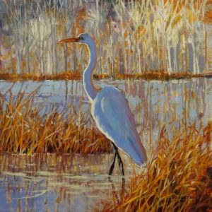 "Snowy Egret," by Janice Robertson 20 x 20 - acrylic $1550 (thick canvas wrap)