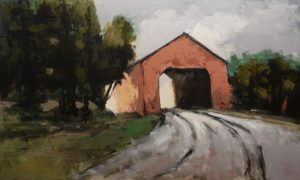 SOLD "Pont Couvert No. 3," (Covered Bridge No. 3) by Robert P. Roy 36 x 60 - acrylic $3650 (thick canvas wrap)