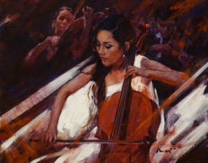 SOLD "Cellist in White," by Clement Kwan 11 x 14 - oil $1900 Unframed