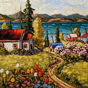 SOLD "Lakeside Spring, Okanagan," by Rod Charlesworth 16 x 16 - oil $1570 (thick canvas wrap)