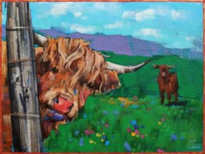 SOLD "Peek-a-Moo," by Angie Rees 6 x 8 - acrylic $300 (unframed panel with 1 1/2" edges)