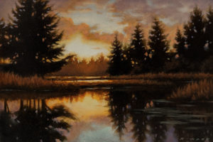 SOLD "Beaver Pond at Dusk," by Ray Ward 4 x 6 - oil $625 Unframed $785 in show frame