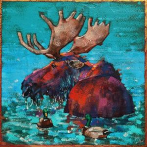 SOLD "Duck Duck Moose," by Angie Rees 8 x 8 - acrylic $425 (unframed panel with 1 1/2" edges)