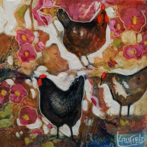 SOLD "Spring Chickens," by Lee Caufield 6 x 6 - acrylic $325 (unframed panel with 1 1/2" edges)