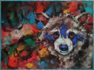 SOLD "Trash Panda: Raise a Little Hell," by Angie Rees 6 x 8 - acrylic $300 (unframed panel with 1 1/2" edges)