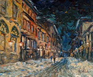 SOLD "Saint-Ursule la nuit, Québec," by Raynald Leclerc 20 x 24 - oil $2500 Unframed
