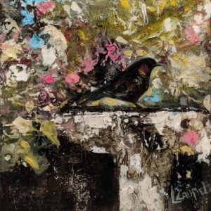 "Morning Blackbird," by Lee Caufield 6 x 6 - acrylic $350 (unframed panel with 1 1/2" edges)