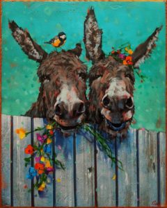 SOLD "The Neighbours Are Making Asses of Themselves Again," by Angie Rees 16 x 20 - acrylic $1475 (unframed panel with 1 1/2" edges)