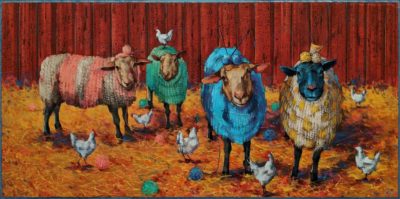"Social Knitworking," by Angie Rees 12 x 24 - acrylic $1350 (unframed panel with 1 1/2" edges)