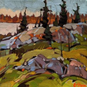 SOLD "Hidden Lake (from Old Road to Yellowknife)" by Graeme Shaw 6 x 6 - oil $440 (artwork continues onto edges of canvas)