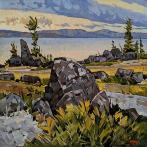 "Spirit Land (from Courageous Lake, N.W.T.)" by Graeme Shaw 30 x 30 - oil $3420 (artwork continues onto edges of canvas)