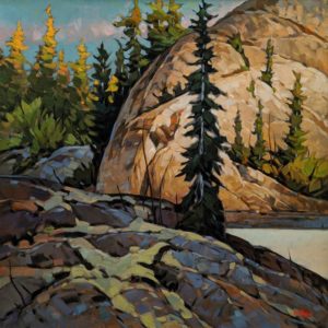 SOLD "Sunlit Corner (from Stagg River, N.W.T.)" by Graeme Shaw 30 x 30 - oil $3420 (artwork continues onto edges of canvas)
