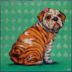 SOLD "Little Miss Droopy Drawers," by Angie Rees 10 x 10 - acrylic $675 (unframed panel with 1 1/2" edges)