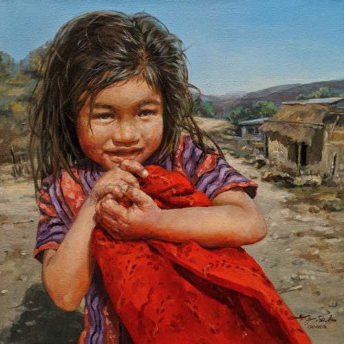 SOLD "Holding Her Blanket," by Donna Zhang 18 x 18 - oil $2780 Unframed