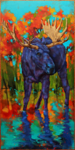 SOLD "Once in a Blue Moose: Red October," by Angie Rees 12 x 24 - acrylic $1350 (unframed panel with 1 1/2" edges)
