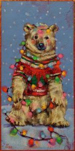SOLD "The Annual Ugly Christmas Sweater," by Angie Rees 6 x 12 - acrylic $450 (unframed panel with 1 1/2″ edges)