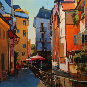 SOLD "Back Lane in Freiburg, Germany," by Mike Svob 20 x 20 - acrylic $2680 (thick canvas wrap)