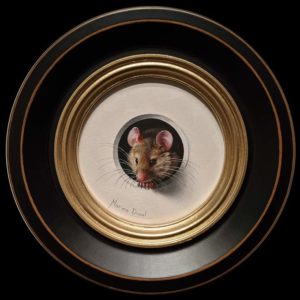 SOLD “Petite Souris 419,″ (Little Mouse 419) by Marina Dieul 4” diameter plus frame (shown) – oil USD $900 Framed (approx. $1200 CAD Framed)