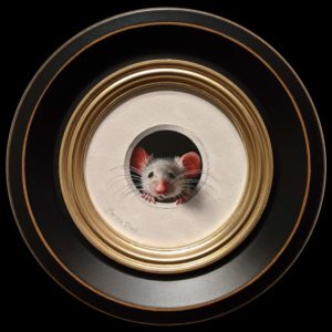 SOLD “Petite Souris 420,″ (Little Mouse 420) by Marina Dieul 4” diameter plus frame (shown) – oil USD $900 Framed (approx. $1200 CAD Framed)