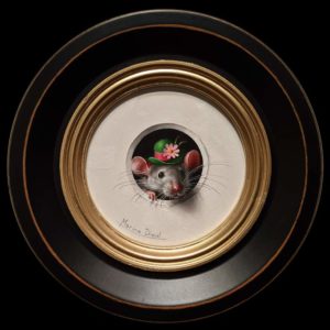 SOLD “Petite Souris 432,″ (Little Mouse 432) by Marina Dieul 4” diameter plus frame (shown) – oil USD $900 Framed (approx. $1200 CAD Framed)