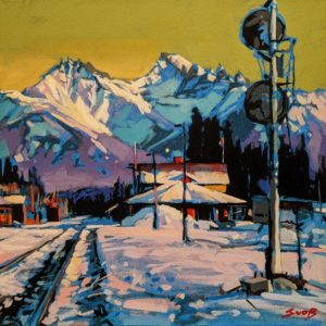 SOLD "The Banff Train Station," by Mike Svob 10 x 10 - acrylic $800 Unframed