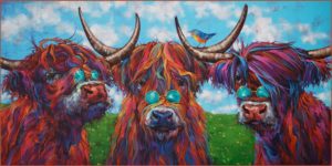 SOLD "Damn Hippies: Fringe Element," (commission) by Angie Rees 20 x 40 - acrylic $2475 (unframed panel with 1 1/2" edges)