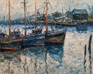 SOLD "Gloucester Harbour, entre chien et loup," by Raynald Leclerc 24 x 30 - oil $3300 Unframed