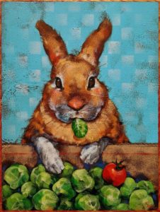 SOLD "Russel Loves a Brussel," by Angie Rees 9 x 12 - acrylic $650 (unframed panel with 1 1/2" edges)