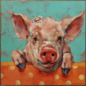 SOLD "Squeal Appeal," by Angie Rees 8 x 8 - acrylic $425 (unframed panel with 1 1/2" edges)