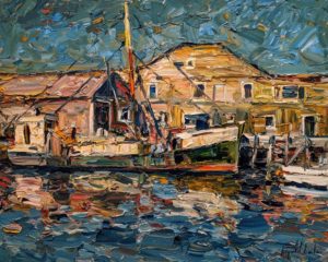 "Le vieux bateau amarré, Gloucester Harbour," by Raynald Leclerc 24 x 30 - oil $3300 Unframed
