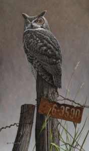 SOLD "Visiting Ours - Great Horned Owl," (commission) by W. Allan Hancock 13 x 22 - acrylic $2420 Unframed