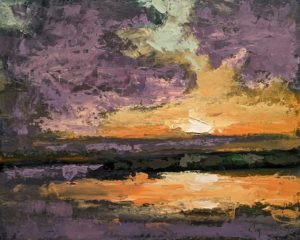 "Soleil couchant sur le lac No. 1," by Robert P. Roy (Sun Setting Over the Lake No. 1) 16 x 20 - oil $1100 Unframed
