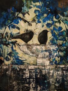 SOLD "Cobalt Garden with Blackbirds," by Lee Caufield 18 x 24 - acrylic $1120 Unframed