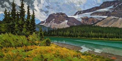"Rocky Mountain Icon - Crowfoot Glacier," by Graeme Shaw 24 x 48 - oil $3660 (artwork continues onto edges of wide canvas wrap)