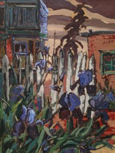 SOLD "Purple Irises and Picket Fence" (1984 or earlier) by Ed Loenen 12 x 16 $1050 Unframed