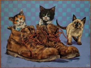 "Puss N' Boots," by Angie Rees 12 x 16 - acrylic $1075 (unframed panel with 1 1/2″ edges)