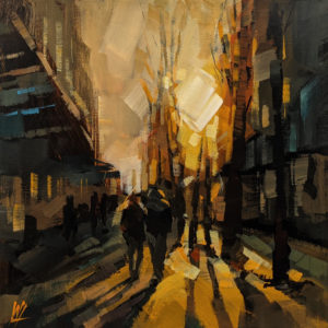 SOLD "Sunset on Granville Street," by William Liao 10 x 10 - acrylic $495 (thick canvas wrap)