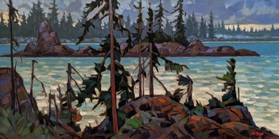 SOLD "Wild Shore - West Coast Vancouver Island," by Graeme Shaw 15 x 30 - oil $1875 (artwork continues onto edges of wide canvas wrap)