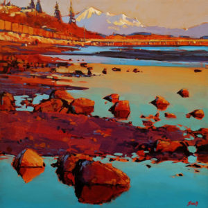SOLD "Winter's Golden Hour, White Rock, B.C." by Mike Svob 20 x 20 - acrylic $2680 (thick canvas wrap)
