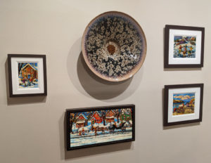 Rod Charlesworth wall. Wall-hang  ceramic bowl by Bill Boyd.